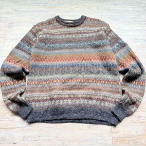 WALIKI Alpaca Wool 100% Fair Isle Sweater L Gray Multicolor Made in Bolivia